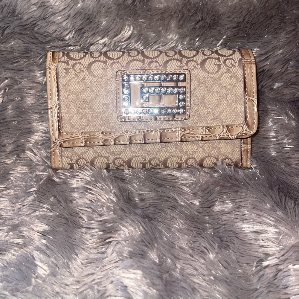 Guess Tan Trifold Wallet With Embedded Rhinestone - image 1